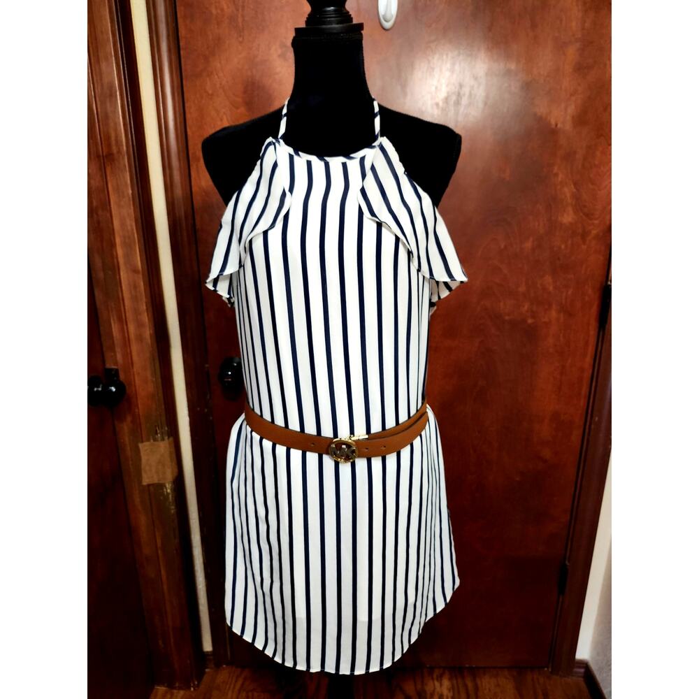 J Crew Striped Halter Ruffle Tank Small Navy White Shift Mini Summer Dress J0861